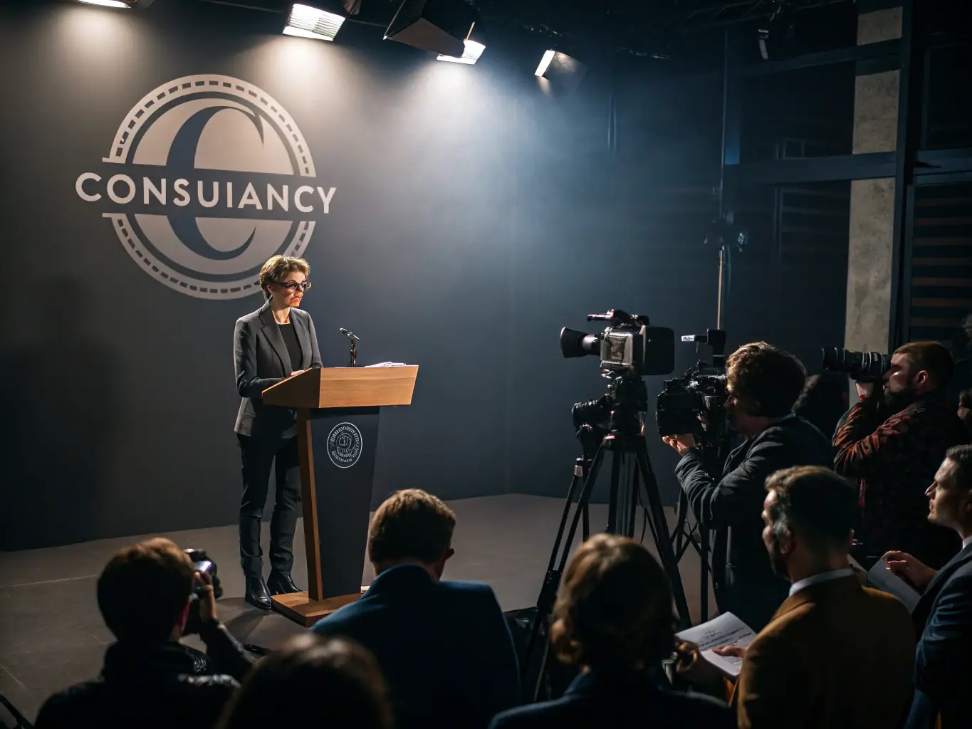 An image of a professional press conference with journalists and media representatives engaging with a spokesperson, representing Kynova Limited's media relations service.
