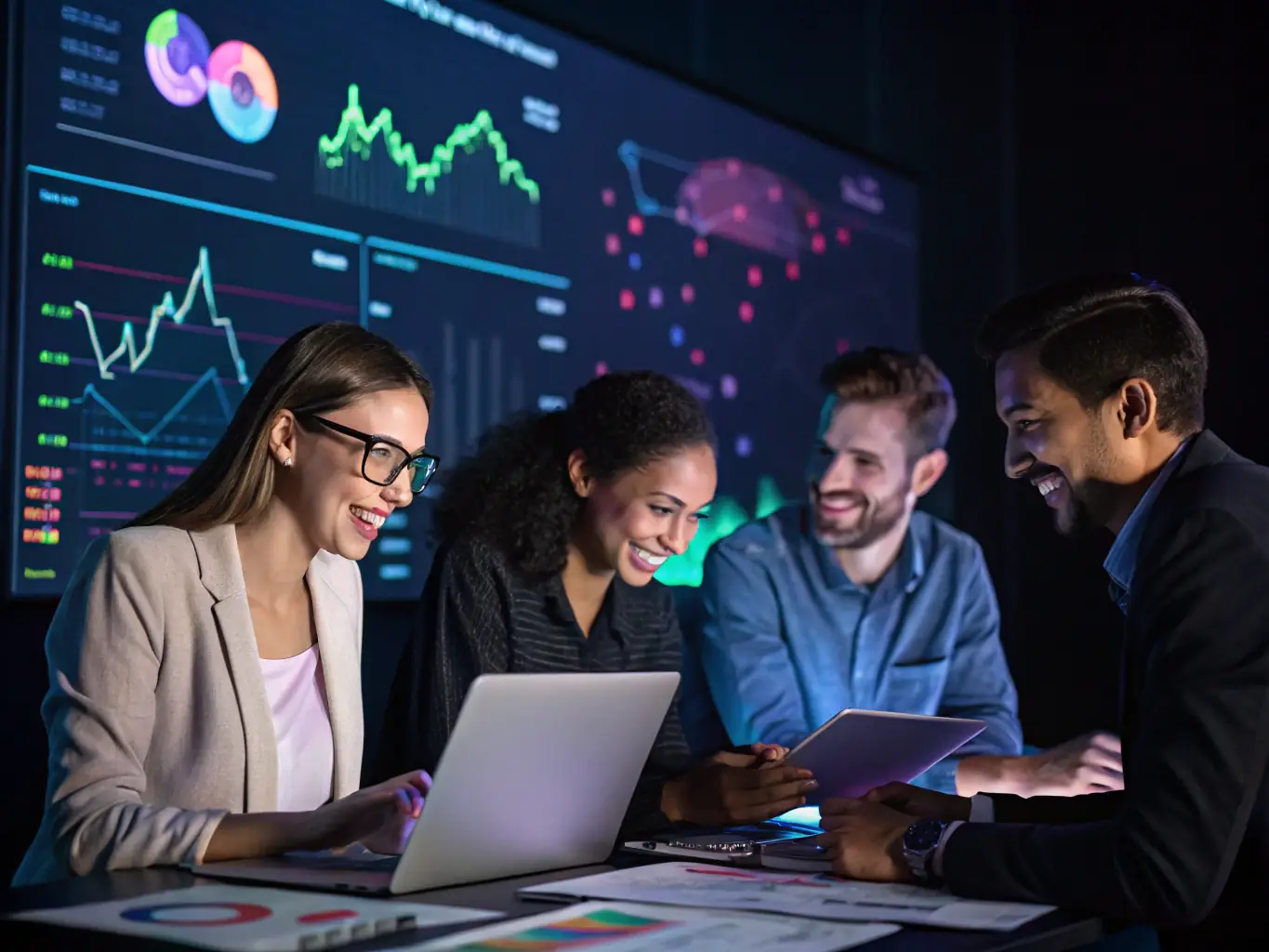 An image of a digital marketing team analyzing campaign data on multiple screens, illustrating Kynova Limited's data-driven lead generation campaigns.