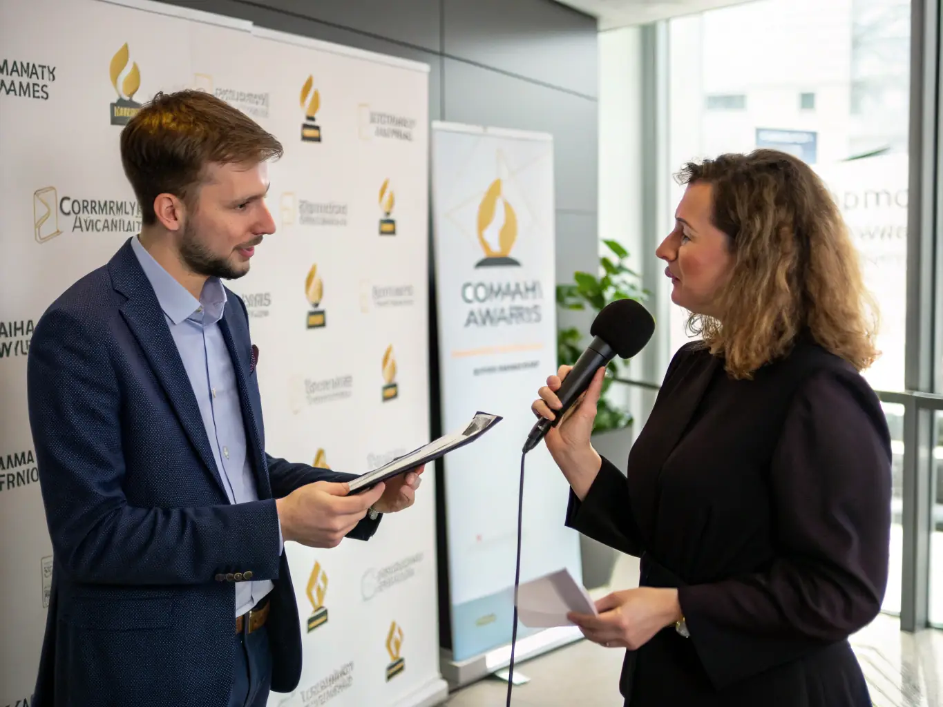 A professional journalist interviewing a business owner in a modern office setting, focusing on the positive media coverage.