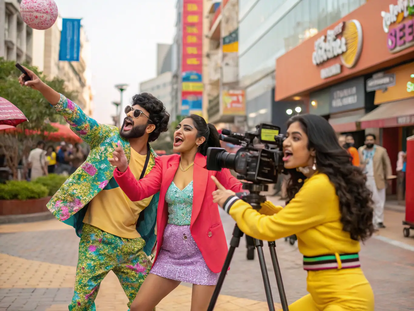 A visually striking image of a diverse group of influencers collaborating on a campaign shoot, showcasing the collaborative and creative nature of influencer marketing.