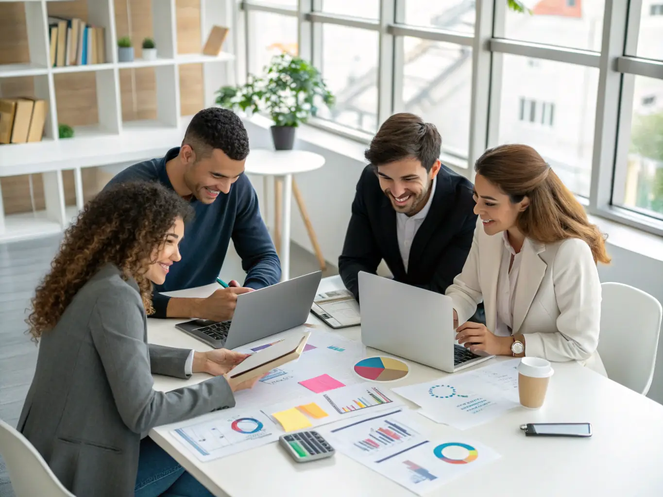 A team of marketing professionals brainstorming lead generation strategies in a collaborative workspace.